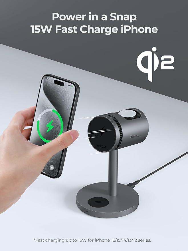 3 in 1 Charging Station Compatible with MagSafe, 15W Cooling Wireless Charger, Charger Stand Qi2 Certified for iPhone 16/15/14/13/12, Samsung S25, Apple Watch, AirPods (45W PD Charger Included)