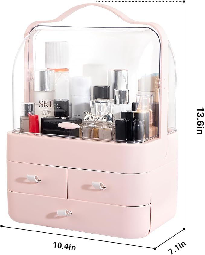 Nervure Pink Makeup Organizer - Cosmetic Storage Box with Lid - Makeup Organizer Storage Drawersr with Dust Free Cover and Portable Handle for Bathroom Countertop & Dresser & Gift
