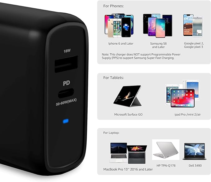 Amazon Basics 68W Two-Port GaN Wall Charger with 1 USB-C (60W) &amp 1 USB-A Ports (18W) with PD for Laptops Tablets &amp Phones (iPhone 16/15/14/13/12/11/X iPad MacPro Samsung More) Non-PPS B