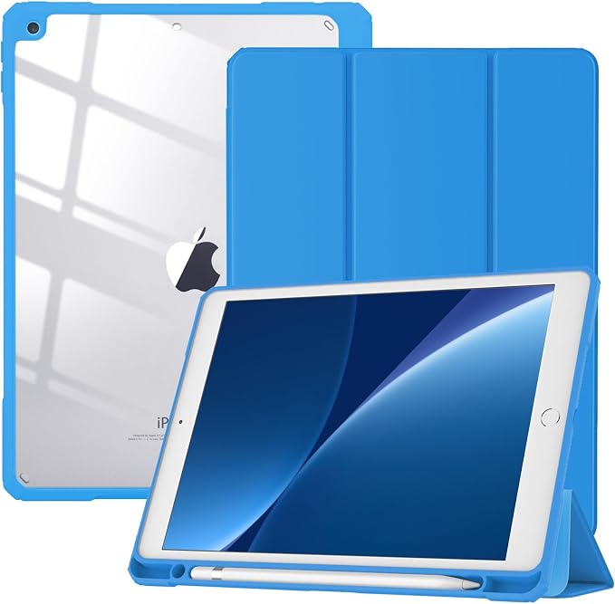 TiMOVO Case for iPad 9th/8th/7th Generation 10.2 inch Black | Pencil Holder Slim Trifold Stand Protective Cover Clear Transparent Back Shell Auto Wake/Sleep