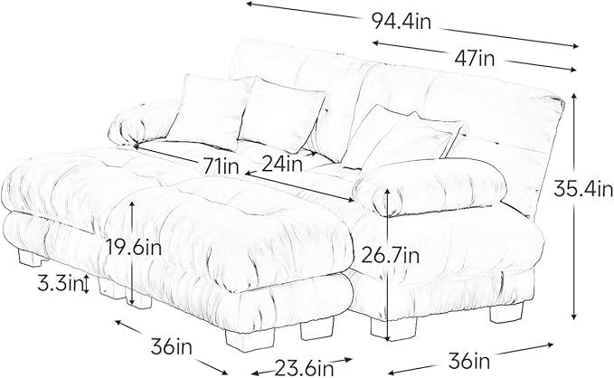 94.4" Loveseat Sofa, 2 Seater Modular Sectional Sofa, Grey Large U Shaped Sectional Couches, Fluffy Chenille Cloud Couch with Ottoman, Deep Seat for Living Room