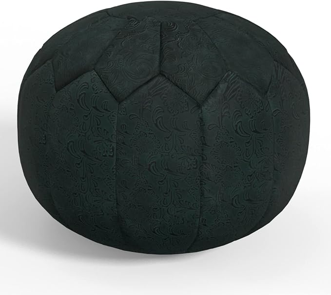 SIMPLIHOME Drury Boho Round Pouf in Teal Patterened Genuine Leather for the Living Room, Bedroom and Kids Room