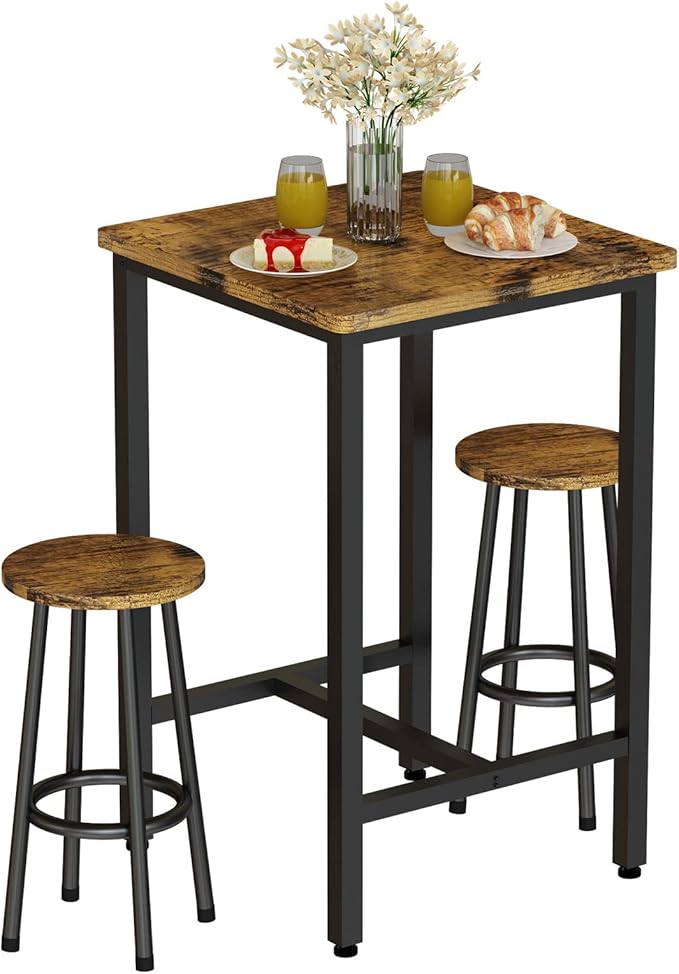 Recaceik 3 Piece Pub Dining Set, Modern bar Table and Stools for 2 Kitchen Counter Height Wood Top Bistro Easy Assemble for Breakfast Nook Living Room Small Space Restaurant, Rustic Brown 24