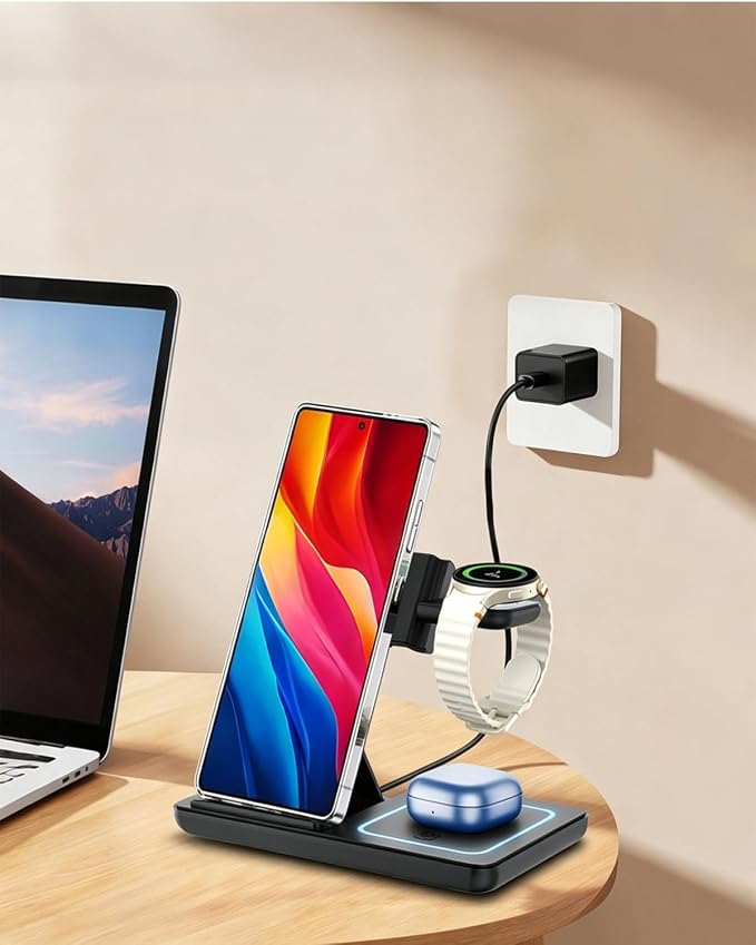 3 in 1 Wireless Charger Foldable Fast Charging Station for Phones Watches &amp Earbuds Portable Travel Stand