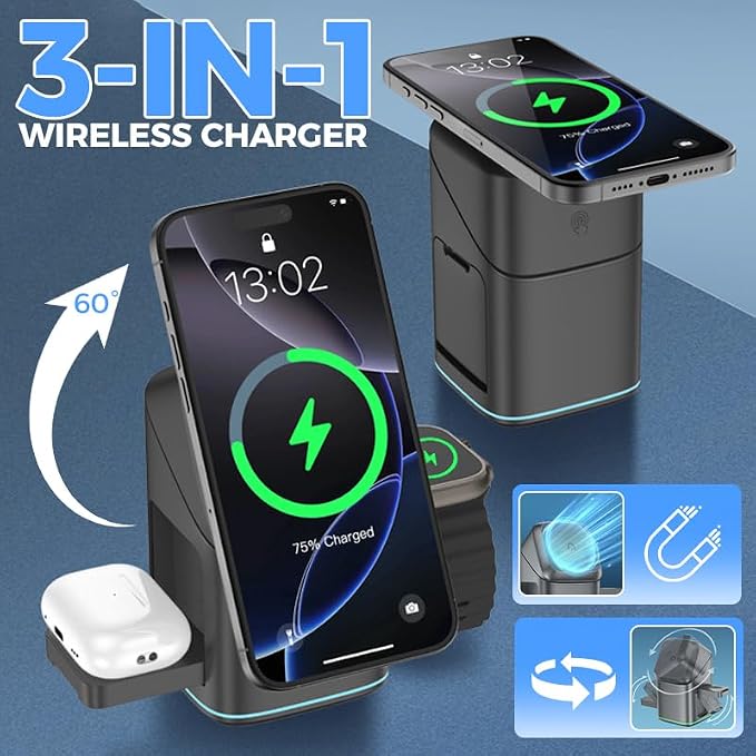 3-in-1 Wireless Charger-Wireless Multi-Device Charging Touch Pop-up Charging 2025 New Multi-Device Touch Pop-Up Charging Station Auto Rotation Magnetic Charging Stand (Black)