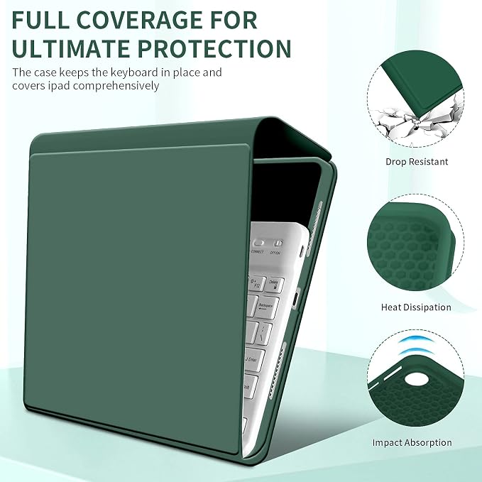 kenke Keyboard Case for iPad 9th/8th/7th Generation 10.2 Inch 2021/2020/2019 Soft TPU Back Stand Cover Smart Case with Pencil Holder Magnetically Detachable Wireless Bluetooth Keyboard Dark Green