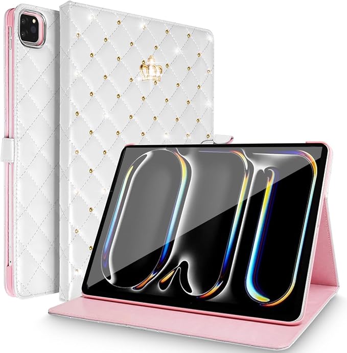 for iPad Pro 11Inch Case M5/M4 2025/2024 (6th/5th Generation)Cute Crown Bling Rhinestone Girly Elegant PU Leather Smart Auto Sleep/Wake Stand Protective Case for iPad Pro 11 2024/2025Black