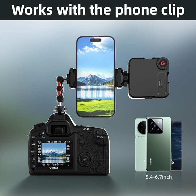 SOH Hot/Cold Shoe Phone Mount Holder, Universal 2 Ball Head Smartphone Mount Adapter, Cold Shoe Phone Clip Mount for iPhone 17/16/15, DSLR Camera LCD Camera Cage Flash LED Light Microphone and More