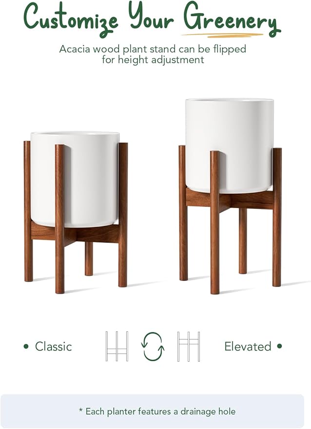 LE TAUCI Indoor Planter with Stand, 10 + 8 Inch, Set of 2, Ceramic Pot for Indoor Plants with Acacia Wood Holder, Mid-Century Modern Home Decor, Round Flower Pots with Drainage Hole, White