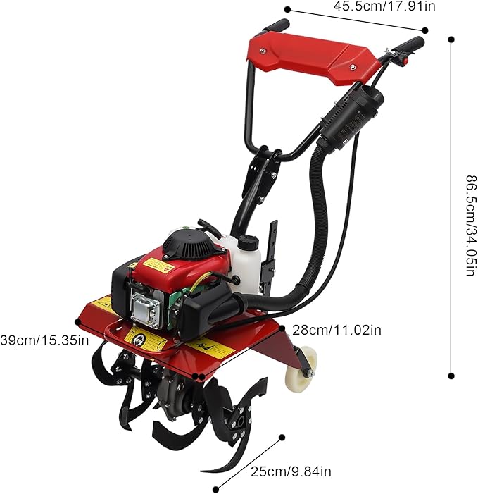 63CC Air-Cooled 4-Stroke Engine, Full-Size Front Tine Tiller, Tilling Width 13.8In, Adjustable Tilling Depth 1.97-5.90In, Rototiller Garden Tool for Weeding, Mixing Fertilizers