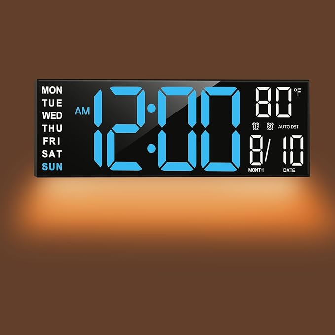 TrophyRak 16" Large Digital Wall Mount Clock, Count Down Timer, Alarm, Big LED, RGB Color, DST, Temperature for Living Room Classroom Desk, Wall, Xmas, Birthday Gift for Senior Mom Dad, Blue White