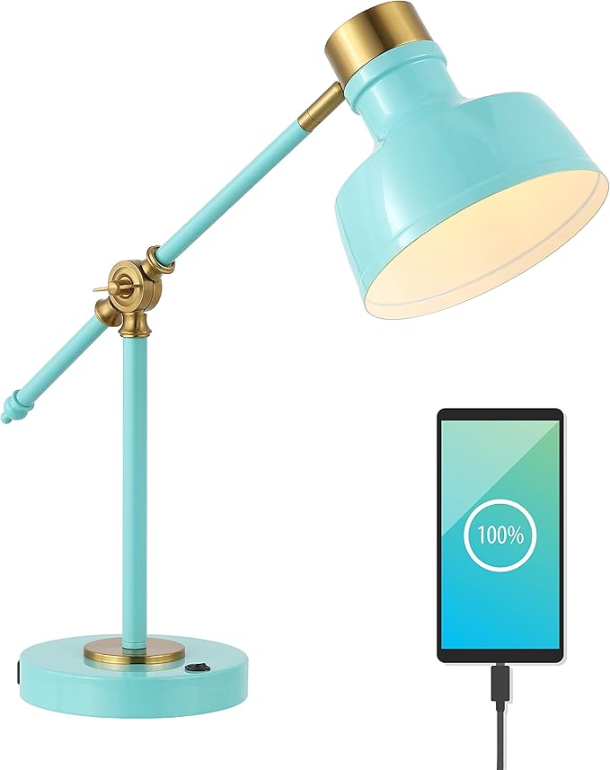 JONATHAN Y 18.5" Cyan/Brass Gold Adjustable Cantilever LED Task Lamp with USB Charging Port, Vintage Farmhouse Desk Lamp for Home Office Reading, Metal Shade (JYL7124C)