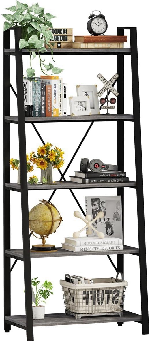 BON AUGURE 5-Tier Ladder Shelf, Industrial Leaning Bookcase, Wood and Metal Ladder Bookshelf for Living Room, Bedroom, Kitchen, Home Office (Grey Oak)