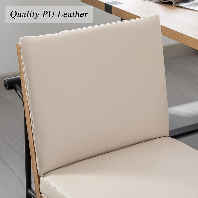 DUOMAY Mid-Century Modern Dining Chairs Set of 2, PU Leather Side Chair with Rear Handle, Armless Chair with Metal Legs for Kitchen Dining Room Living Room Vanity, Beige