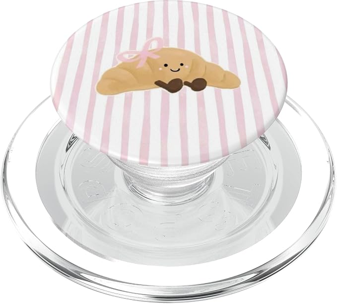Pink Stripe Croissant Bow Illustration Print PopSockets Adhesive PopGrip