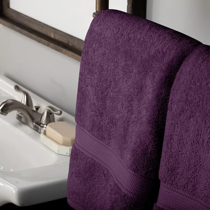 Superior Egyptian Cotton Pile Bath Towel Set of 2, Ultra Soft Luxury Towels, Thick Plush Essentials, Absorbent Heavyweight, Guest Bath, Hotel, Spa, Home Bathroom, Shower Basics, Plum