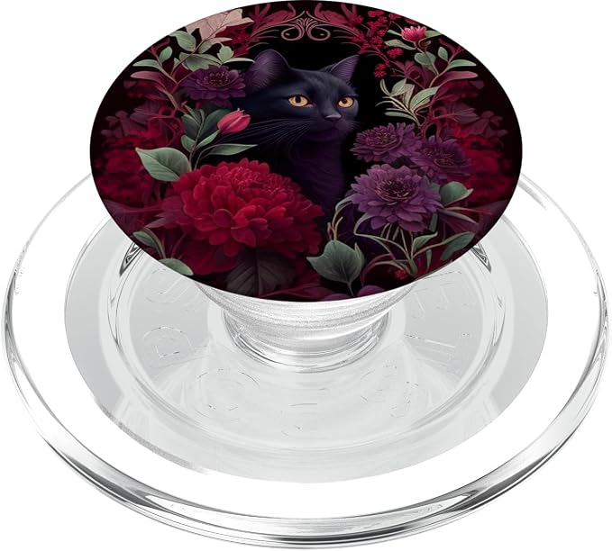 Black cat Hidden Flower Design with Burgundy Maroon Flowers PopSockets Adhesive PopGrip