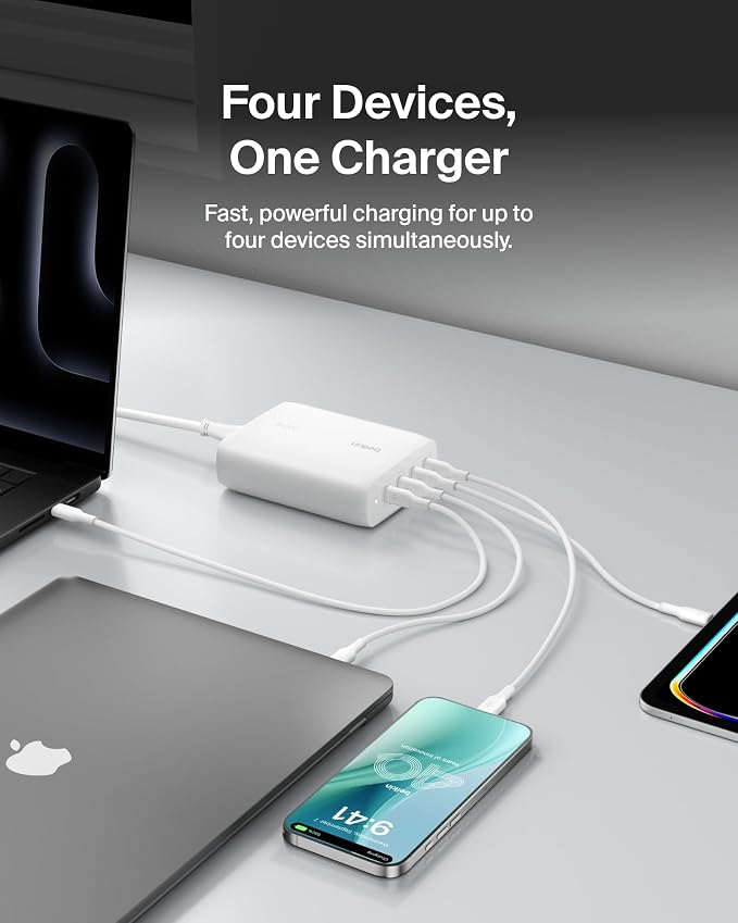 Belkin 4-Port USB C Charger Block 200W - GaN Charger USB-C PD 3.1 Fast Charge + 5ft Power Cord - MacBook Apple iPhone 17 iPad Samsung Galaxy S25 Google Pixel 10 Nintendo Switch 2 &amp More - Whi