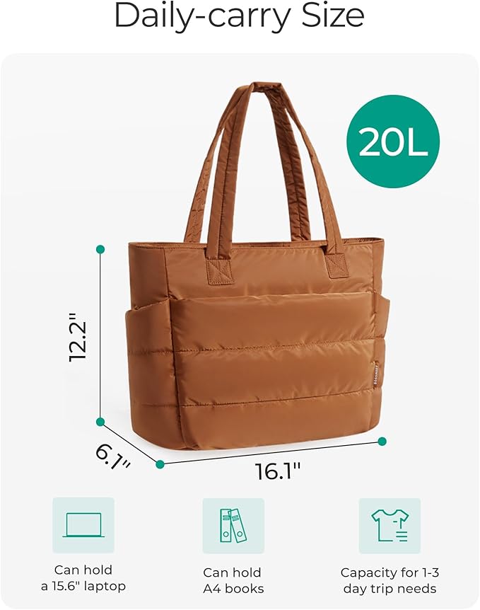 BAGSMART Tote Bag for Women, Lightweight Puffy Tote Bag with Compartments Shoulder Bag Handbag for Travel, Work, Gym | Lightweight, Puffy, Quilted, for Travel, Work
