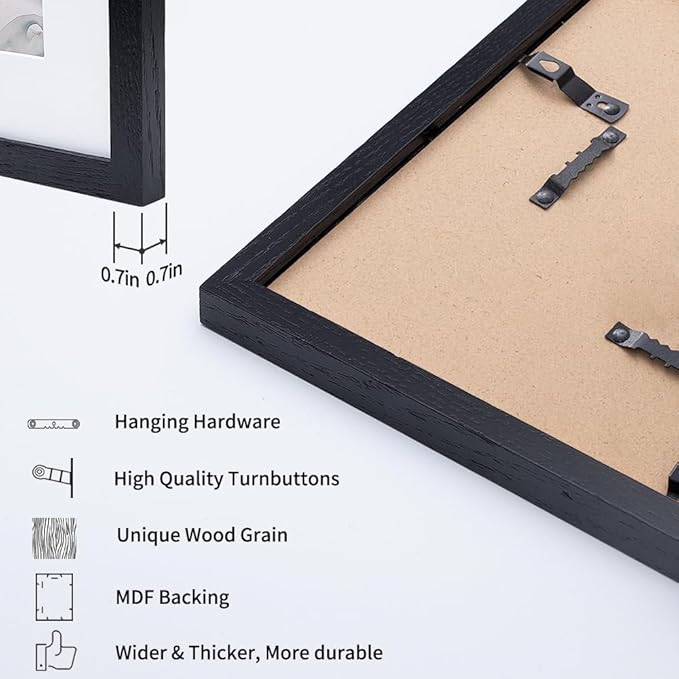 Axeman 12x16 Picture Frame with Mat for 8.5x11, Solid Oak Wood Frame w/Tempered Real Glass, Wooden Certificate Document Frame Horizontal and Vertical Formats for Wall with Wall Hook Included, Black
