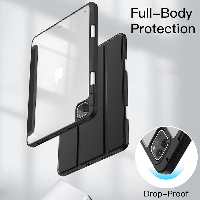 JETech Case Cover for iPad Pro 11 4/3/2/1 Black | For 2022/2021/2020/2018 Model Clear Back Pencil Holder Slim Shockproof Tri-Fold Stand Auto Wake/Sleep