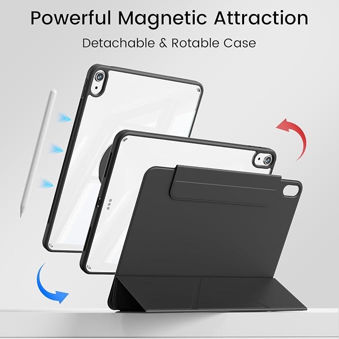 Clear Case for iPad A16 11th/10th Generation 2025/2022 Black | 360° Rotating Magnetic Detachable ipad a16 Case Clear with Pencil Holder Auto Wake/Sleep for ipad 11 inch a16 case