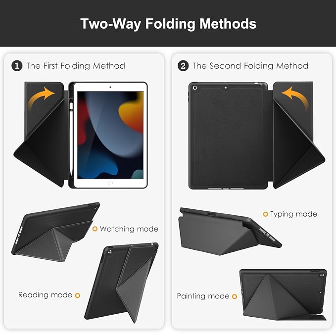DTTO Foldable Case for for iPad 9th/8th/7th Generation 10.2-inch Black | Origami Magnetic Standing Cover with Pencil Holder，Vertical &amp Horizontal angles Auto Sleep/Wake