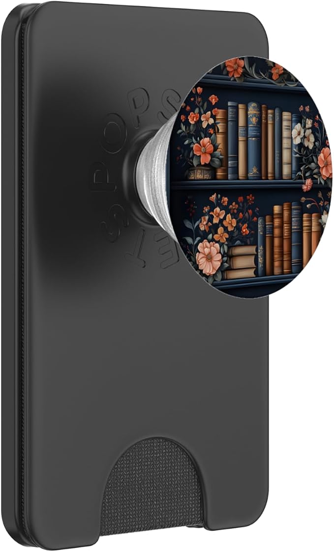 Dark Library Bookshelf with Vintage Books and Flowers PopSockets Adhesive PopGrip