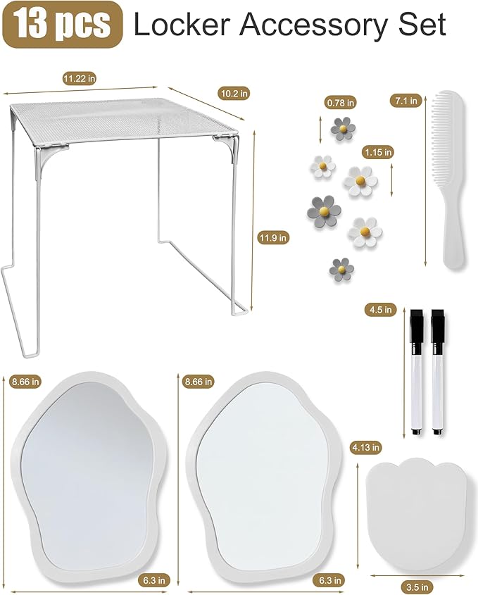 KEYDUACU 12 pcs Girls Locker Accessories, Locker Decorations Including Mirrors, whiteboards, Magnets and organizing Supplies. Ideal for Back-to-School Essentials and The Office (13 pcs-Light Gray)