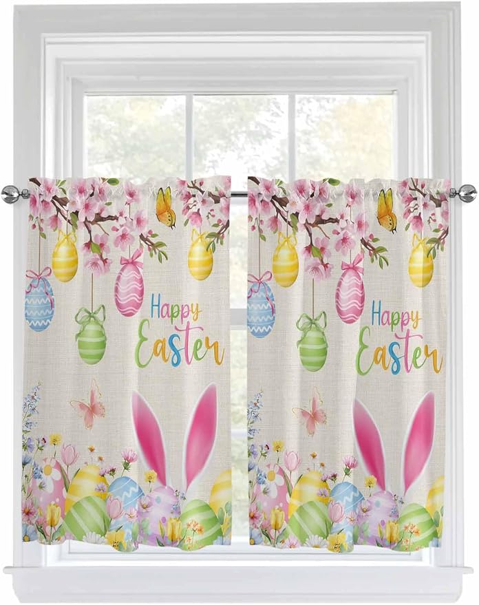 Happy Easter Tier Curtains 45 Inches Long, Spring Farmhouse Bunny Eggs Flower