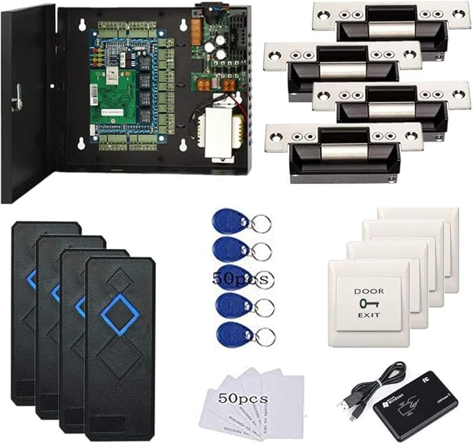 MENGQI-CONTROL 4 Doors Access Control Security Kits with North American ANSI Standard Strike Lock 110V Power Supply Box RFID Reader RFID Card & Key Fob TCP/IP Based Phone APP Remotely Open Door
