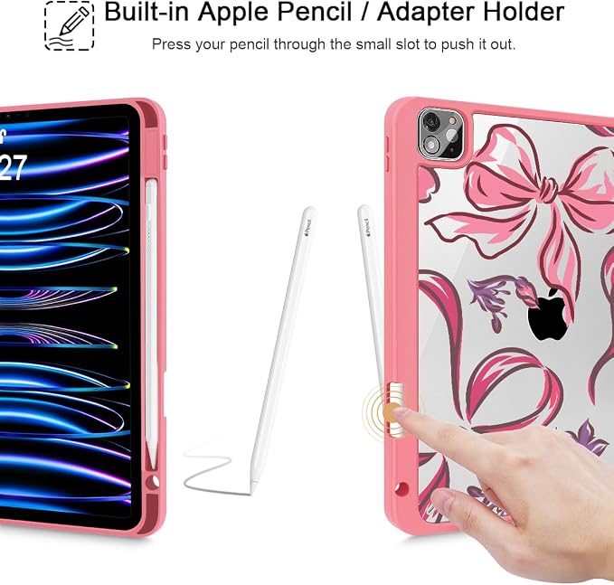 Mektron Case for iPad Pro 11 inch Case M2 2022 Generation 4th Fit 2021 2020 2018 iPad Pro 11 (3rd 2nd &amp 1st Gen) -Buit in Pencil Holder with Shockproof Cover Clear Shell Blue Bows &amp Flower