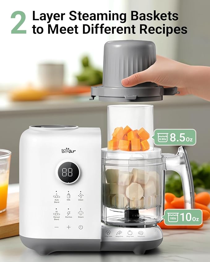 Bear Baby Food Maker Steamer&Blender with Dual-Layer Steam Baskets, 18.5oz