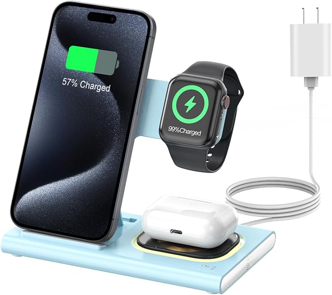 3 in 1 Foldable Wireless Fast Charging Station for Apple Multiple Devices | iPhone Charging Station for iPhone 17 Travel iWatch Charger Stand Light Nightstand Charging Dock for Apple Watch/Airpods