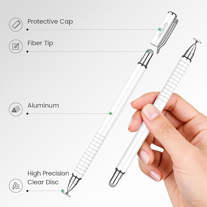 MEKO Stylus Pen for Touchscreen 2-in-1 Universal Stylus 6Pcs | MEKO 1st Gen Stylus Fiber &amp Disc Tips High Precision Work for iPad iPhone Android Tablets All Touch Screens-Black