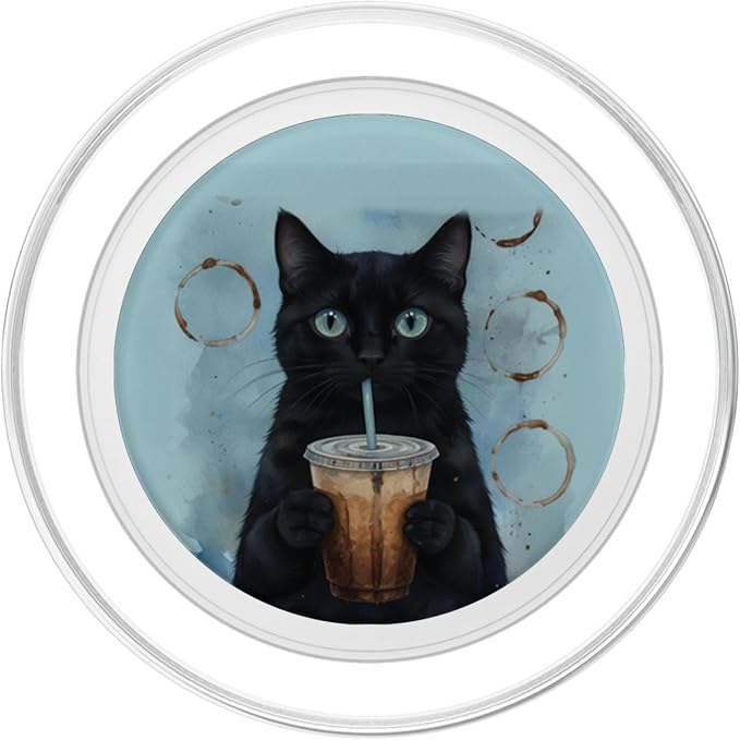 Blue Black Cat Coffee Lover Illustration Print PopSockets PopWallet for MagSafe