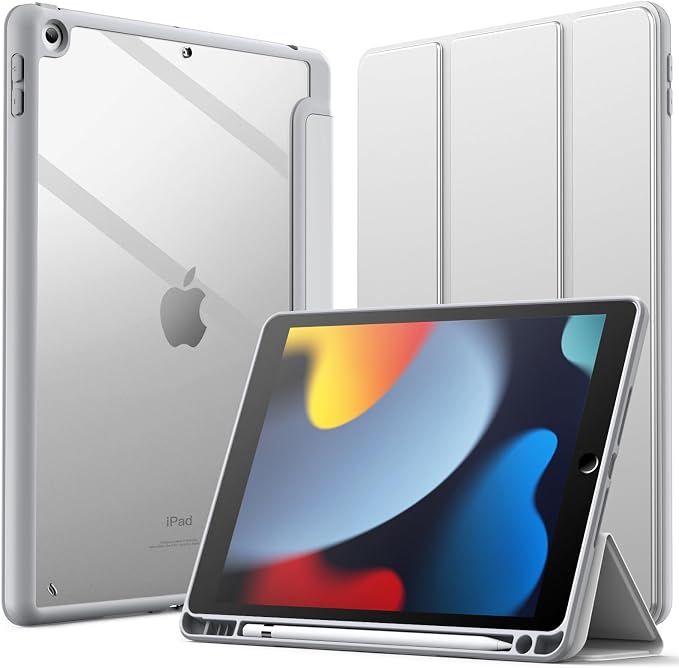 JETech Case Cover for iPad 9th/8th/7th Gen 10.2 Beige | Clear Transparent Back Pencil Holder Slim Shockproof Protection Tri-Fold Stand Auto Wake/Sleep