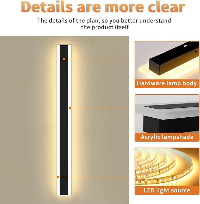 Modern 23.6inch Outdoor Wall Light, 3000K Black Acrylic Exterior Lighting Fixtures Wall Mount, Ip65 Waterproof Modern Porch Lights Outdoor Wall Sconce, Led Long Outdoor Lights for House Hard-Wired