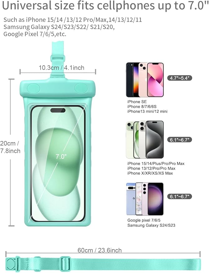 wellhouse Waterproof Phone Pouch, Waterproof Phone Case for iPhone 16 15 14 13 12 Pro Max XS Samsung, IPX8 3D Cellphone Dry Bag Beach Essentials (2 Pack -Earl Blue & Green 7.0", 7 inch)