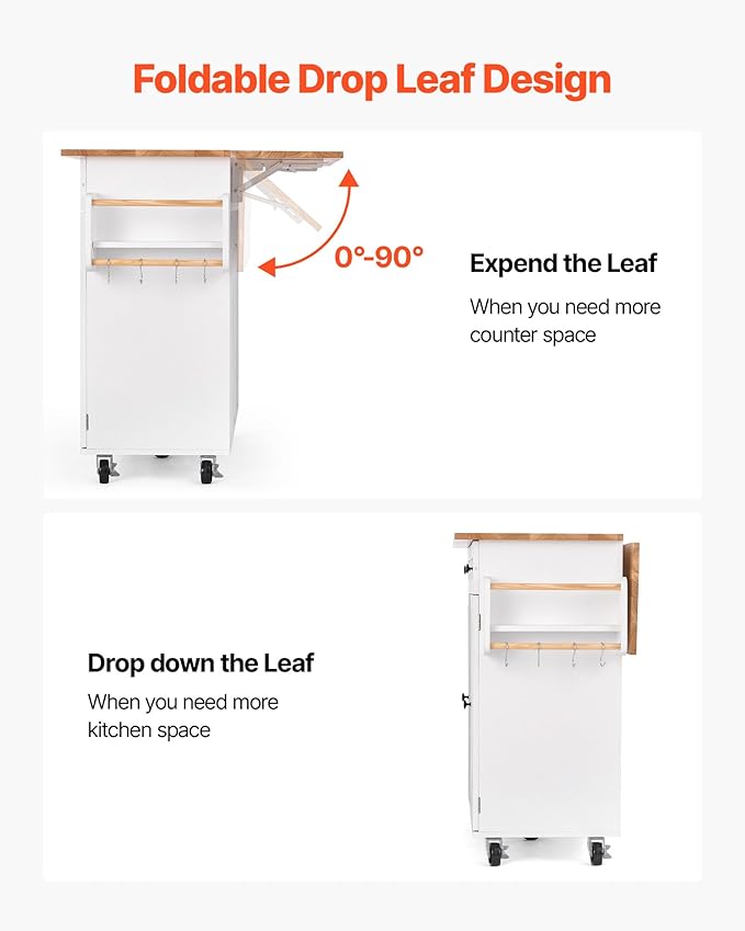 VEVOR Kitchen Island Cart, with Solid Wood Top and Storage Cabinet, Mobile Rolling Table with Drop Leaf, Drawers, Spice Towel Rack, Portable Islands on Swivel Wheels for Dining Room, 52in Width, White