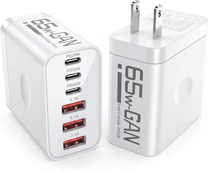 65W USB C Charger Block 2 Pack 6-Port PD Fast Wall Charger | 3 USB-C + 3 USB-A ports PD 3.0 fast charging compatible with iPhone 17/16/15 iPad Samsung Galaxy AirPods Switch &amp more