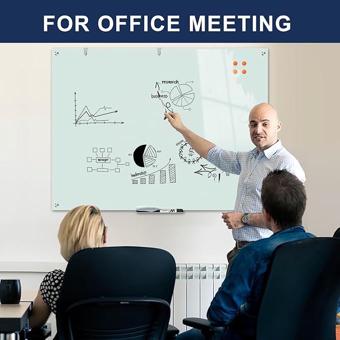 TSJ OFFICE Glass Dry-Erase Board - 48 x 30 Inches Wall Mounted Magnetic Whiteboard, Large Frameless Glass White Board for Office, Home & School