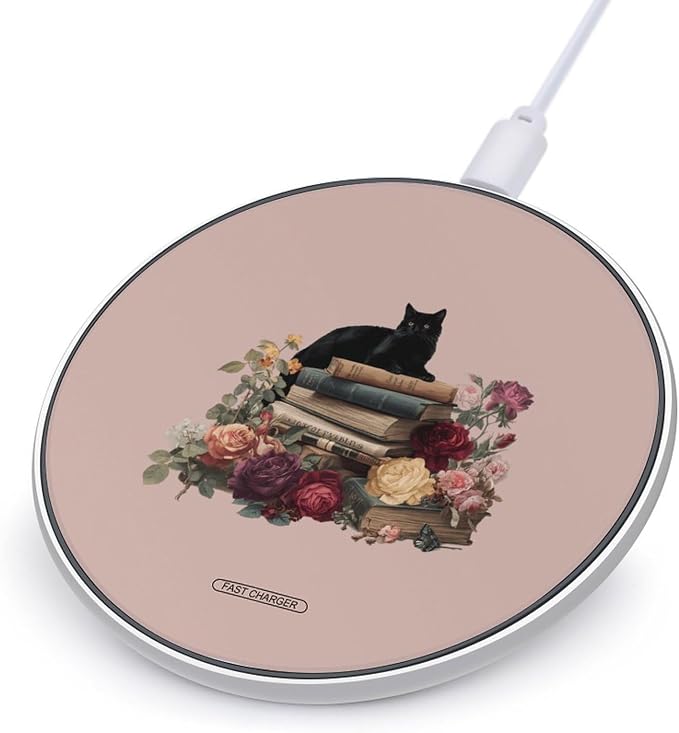 Black Cat Books Rose Wireless Charger SlimWireless Charging Pad Anti-Slip Charger Mat for Men Women