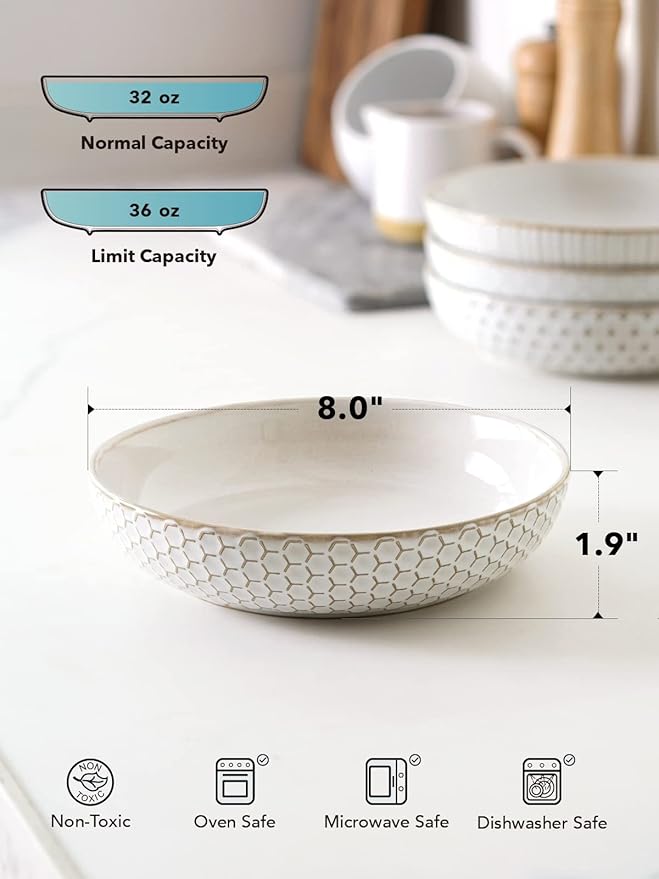LE TAUCI Pasta Bowl 36 oz, Salad Bowl Serving Plate Bowls, Housewarming Wedding Present, Ceramic Embossment Bowl for Pasta, Fruits, Salad, Noodle, Dinner - 8 Inch, Set of 4, Arctic White