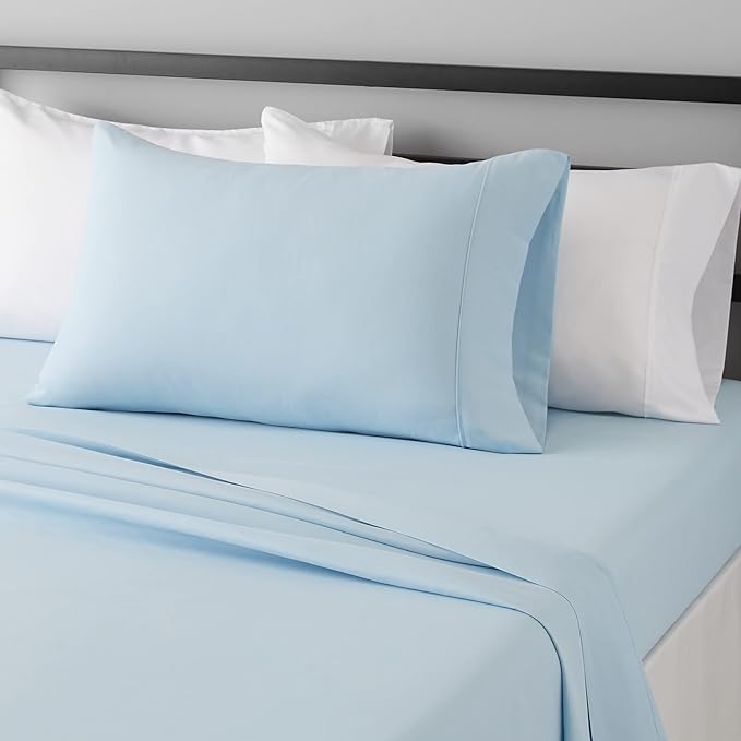 Amazon Basics Lightweight Super Soft Breathable Easy Care Microfiber 3-Piece Bed Sheet Set with 14-Inch Deep Pockets, Twin XL, Light Blue, Solid