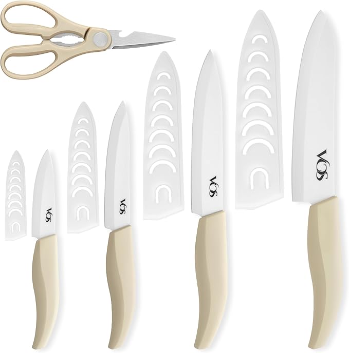 Vos ceramic knives set for kitchen in gift box, 5 ceramic knife with cover with scissors, 3" 4" 5" 6" ultra sharp knives for home cooks, lightweight, rust-free, dishwasher safe (Off-white handle)