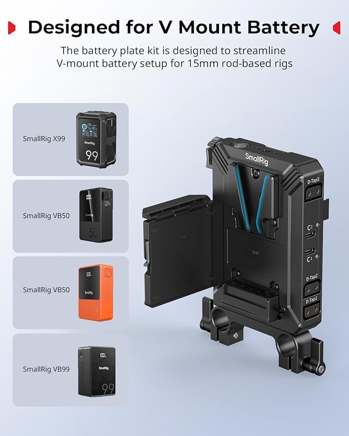 SMALLRIG V-Mount Battery Plate Kit for 15mm LWS Rods, with Dual Rod Clamp, LCD Screen Protector & Cable Clips, D-Tap & USB-C Supply, All-in One Camera Video Rig for Mirrorless/DSLR
