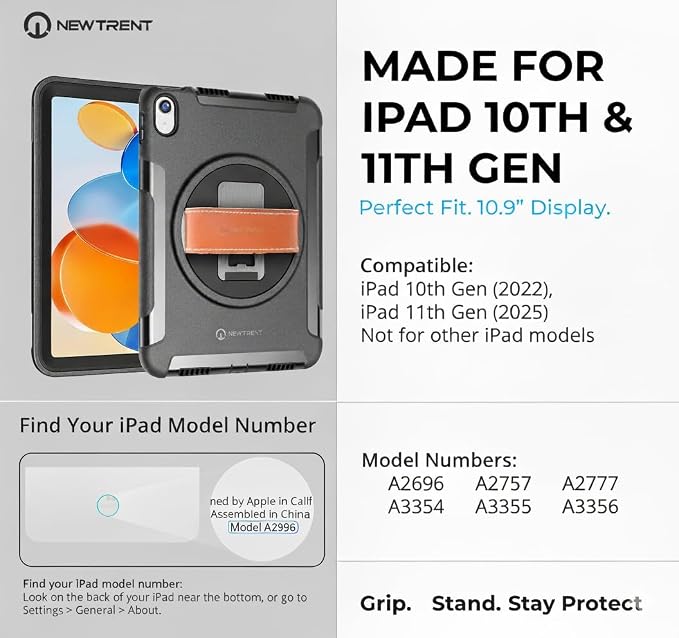 New Trent Original Rugged Case for iPad 11 (A16) 11-inch (2025) &amp iPad 10th Gen 10.9-inch (2022) | 360° Rotating Kickstand Genuine Leather Hand Strap Built-in Screen Protector Heavy-Duty Protec