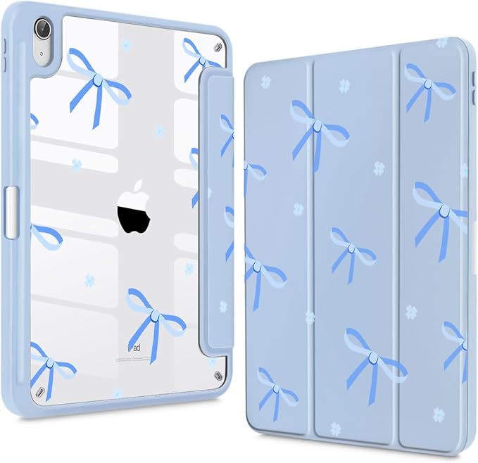 Teryeefi for 2024 iPad mini 7 Case A17 Pro for iPad mini 6th Generation Case 2021 8.3 Inch with Pencil Holder Auto Wake/Sleep Slim Clear Back Shell Cover (Blue Bow)