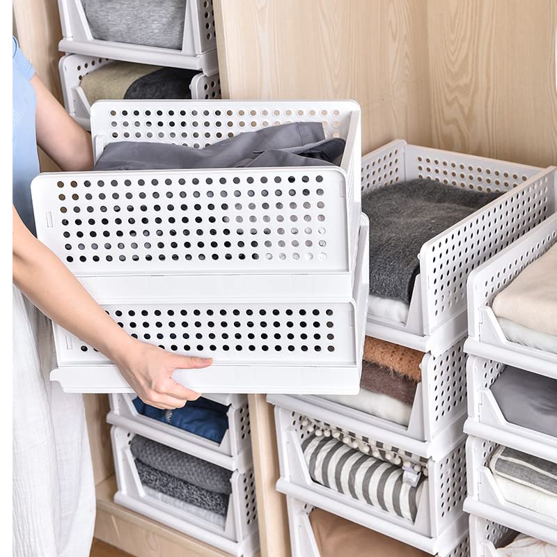 Folding Wardrobe Storage Box 4-Pack Plastic Drawer Organizer Stackable Shelf Baskets Cloth Closet Containers Bin Cubes,Home Office Bedroom Laundry Fold Pull Out Dividers for Clothes,Toys White